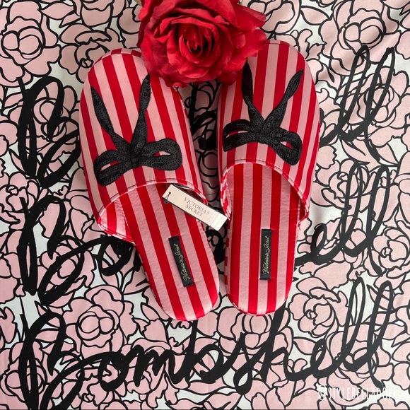 🆕Victoria’s Secret Classic Stripe Satin Sequin Embellished Bow Slipper - Picture 10 of 12